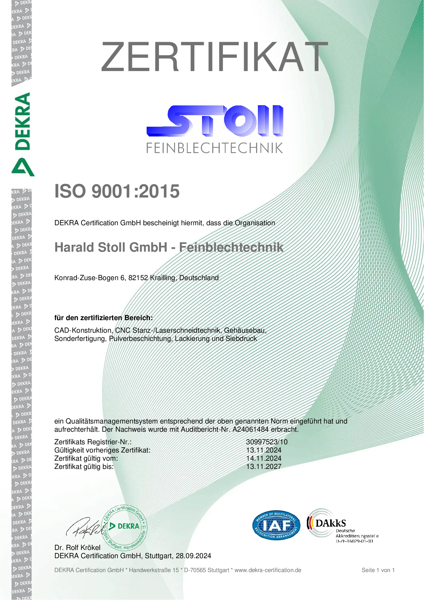 Zertifikat ISO 9001_2015 Stoll Feinblechtechnik gütig 2024-2027